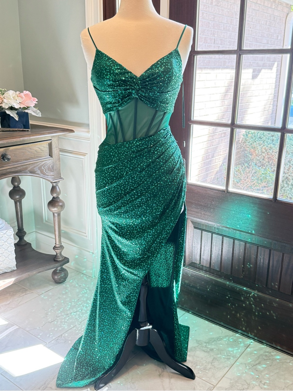 Sparkling Emerald Green Sequin Prom Gown with Sheer Waist